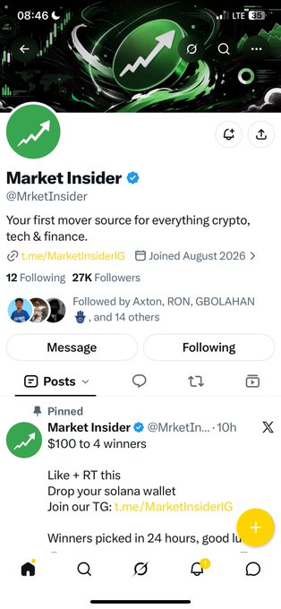 A screenshot of the Market Insider Twitter profile (@MrketInsider), showing 27K followers and a pinned post announcing a '$100 to 4 winners' giveaway for liking and retweeting with a Solana wallet.