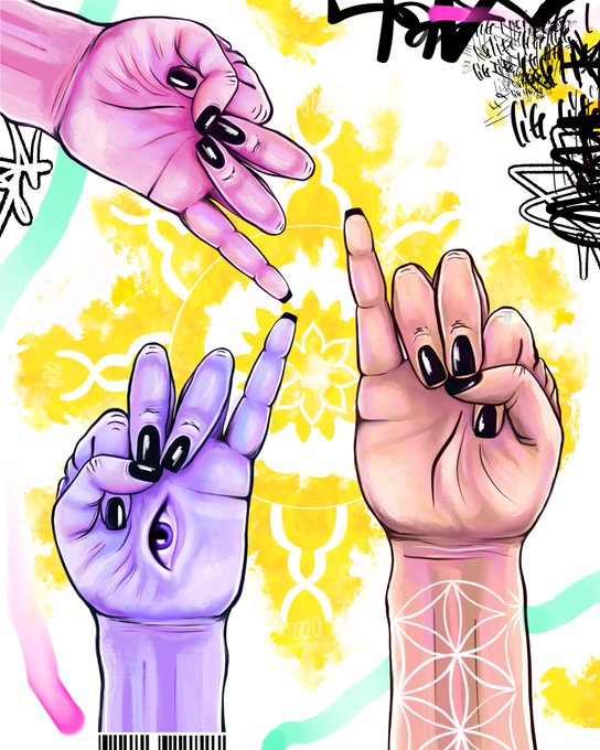 An illustration featuring three hands with black nail polish against a yellow mandala background, with one hand appearing purple and two appearing pink/peach, decorated with various graphic elements and a barcode.