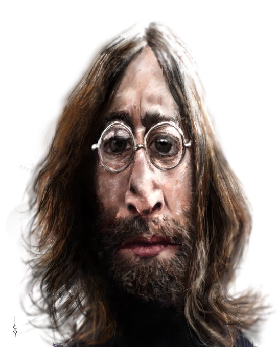 A digital painting/portrait of a man with long brown hair, round glasses, and a beard, rendered in a semi-realistic artistic style on a white background.