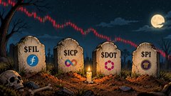 A Halloween-themed illustration showing four gravestones labeled '$FIL', '$ICP', '$DOT', and '$PI' in a spooky graveyard setting at night under a full moon, representing cryptocurrency tickers.