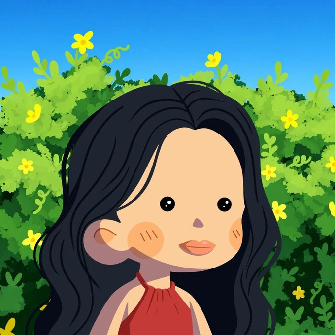 A chibi-style cartoon girl with long black hair, rosy cheeks, and a red halter top stands before a vibrant green hedge dotted with yellow flowers under a blue sky, representing the NFT character from the HoodMeetsBoy collection whose accompanying wallet feature is being promoted.