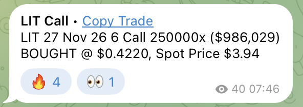 A chat message displays a successful "LIT Call" copy trade alert, showing the purchase of 250,000 LIT 27 Nov 26 6 Call options at $0.4220 with a spot price of $3.94, generating $986,029 in value. The post from "@koolkrypto223" highlights their latest profitable trade call being copied by followers, as evidenced by the fire emoji and engagement metrics.