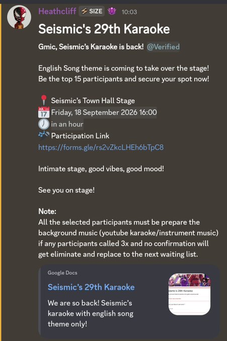 Discord message from user 'Heathcliff' announcing 'Seismic's 29th Karaoke' event on September 18, 2026 at 16:00, featuring an English song theme with the top 15 participants securing spots, and including a Google Docs preview link.