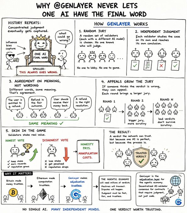 An infographic titled 'WHY @GENLAYER NEVER LETS ONE AI HAVE THE FINAL WORD' explaining how the GenLayer adjudication system uses random juries, independent judgment, appeals, and stake-based voting to produce trusted verdicts.