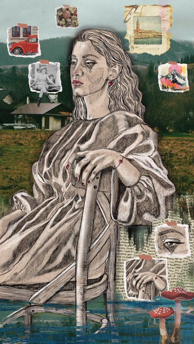 A mixed-media collage artwork featuring a sketched portrait of a woman in flowing robes, surrounded by taped clippings of vintage photos, a mountain landscape, eyes, and mushrooms against a rural backdrop.