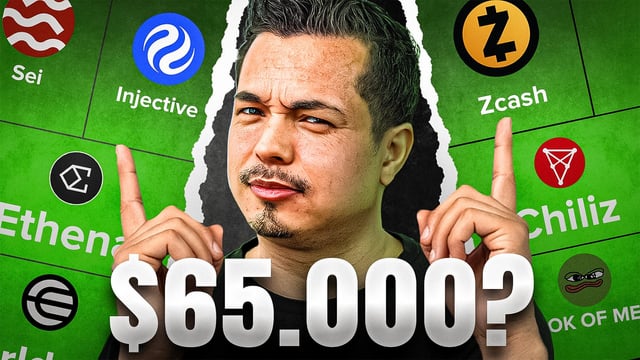 The image features a man with a mustache, wearing a black shirt, standing against a green background that includes logos for various cryptocurrency exchanges such as Ethenetix, Zcash, Ethenex, and others. The caption of the image reads "If Bitcoin Goes To $65K You Need To Be In These Altcoins Right Now". This suggests that the man is promoting or encouraging people to invest in these particular altcoins due to their potential for high returns on investment.