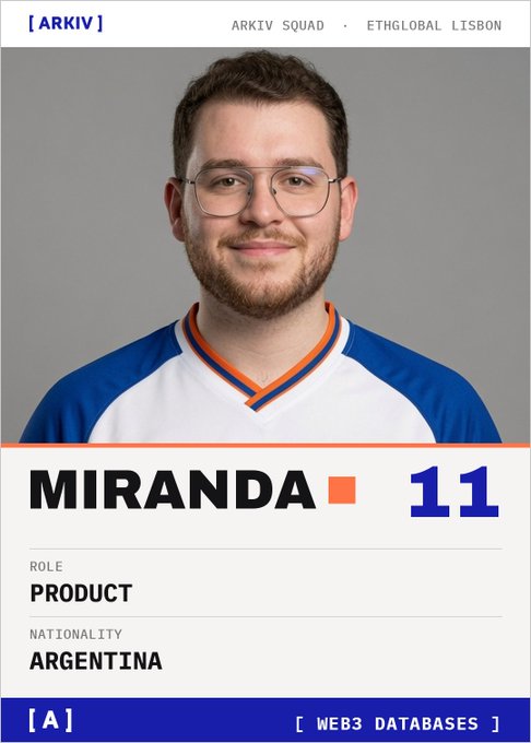 A profile card from ARKIV Squad for ETHGlobal Lisbon featuring 'MIRANDA' wearing jersey number 11, listed as Product, Argentinian nationality, under the 'Web3 Databases' category.