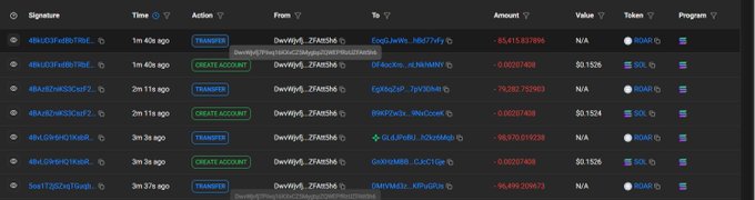 The image displays a blockchain transaction history on a Solana explorer, showing multiple transfers and account creations involving the token contract "2u1rsB1jLhDXhLb2JiVefudskRPA9dchnpWozrcKpump" (token ROAR) being distributed from the address "Dww9y4...ZFsM3M" to various recipients in amounts of approximately 0.0158 SOL. This serves as visual proof of the airdrop claims mentioned in the post, demonstrating active token distributions as part of the giveaway.