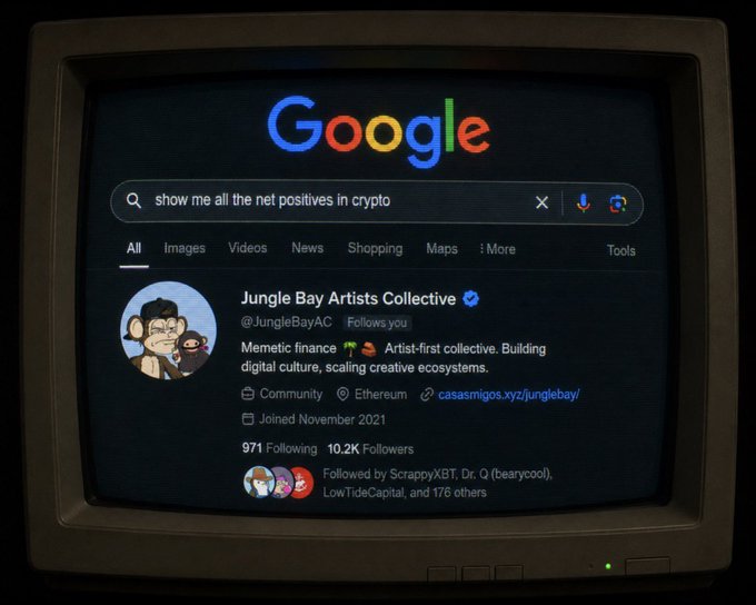 An image of an old CRT monitor displaying a Google search for 'show me all the net positives in crypto', with results showing the verified X account 'Jungle Bay Artists Collective' (@JungleBayAC).