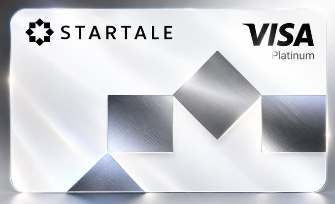 A metallic silver Visa Platinum card branded with the STARTALE logo on the upper left, featuring geometric square and diamond designs on the front.
