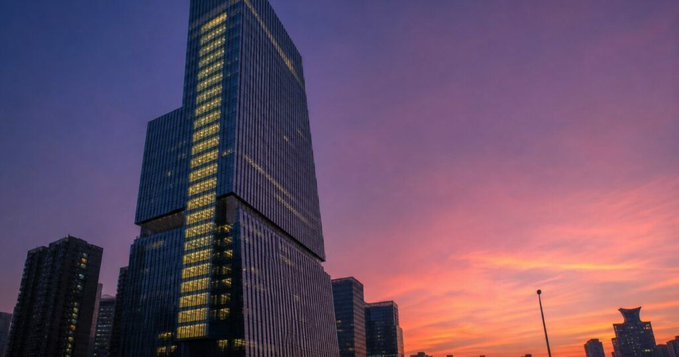 A modern skyscraper with illuminated windows stands against a vibrant sunset sky blending purple, pink, and orange hues.