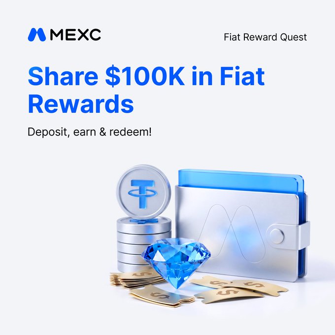 A MEXC promotional graphic for the "Fiat Reward Quest" featuring the headline "Share $100K in Fiat Rewards" and the tagline "Deposit, earn & redeem!" The image showcases a wallet, USDT-stamped coins, a blue diamond, and dollar bills, visually representing the fiat deposit rewards that participants can earn and redeem for USDT vouchers, APR boosters, and Futures bonuses.