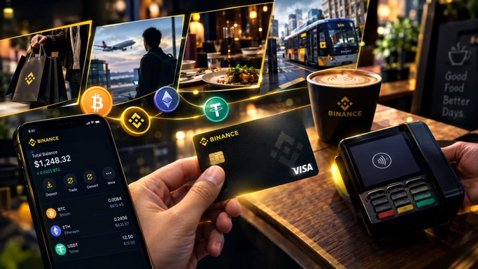 A hand holds a Binance Visa card beside a smartphone displaying a crypto wallet balance of $1,248.32 across BTC, ETH, and USDT, while icons of Bitcoin, Ethereum, BNB, and Tether float above scenes of shopping, travel, dining, and public transit—visually illustrating the post's message that crypto can be used for everyday purchases at regular merchants.