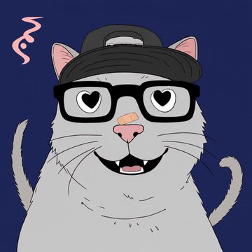 A cartoon illustration of a gray cat wearing heart-shaped glasses and a backwards cap, smiling with visible fangs against a dark blue background.