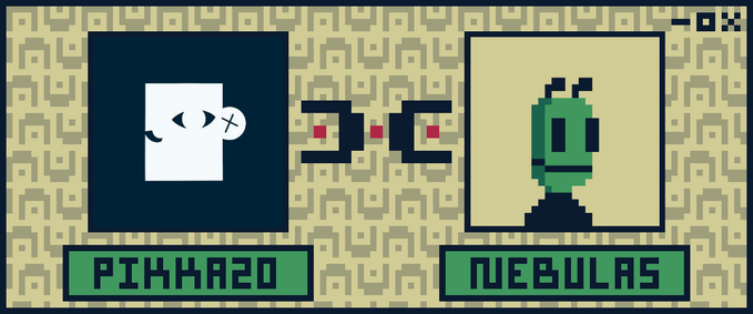 The pixel-art image showcases two alien characters labeled "PIKKA20" (a white blocky alien with an "X" eye) and "NEBULAS" (a green bug-like alien), with a "3.C" score displayed between them, illustrating the NFT collaboration between the Pikka20 and Nebulas communities for a giveaway.