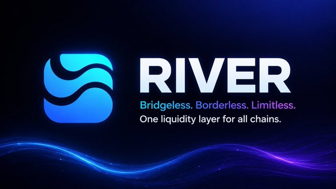 A promotional graphic for 'RIVER' featuring a blue wave logo with the tagline 'Bridgeless. Borderless. Limitless. One liquidity layer for all chains.'