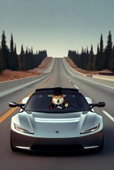 A silver convertible sports car drives down a forested highway with a dog visible in the driver's seat.