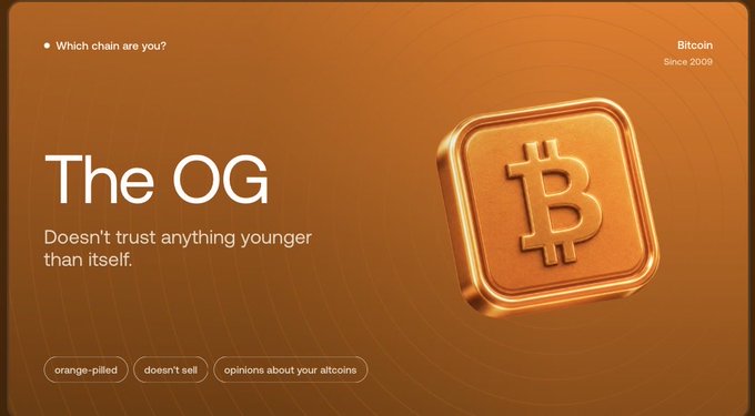 An orange digital graphic showing a gold Bitcoin coin with text 'Which chain are you? The OG Bitcoin Since 2009' and tags 'orange-pilled', 'doesn't sell', 'opinions about your altcoins'.