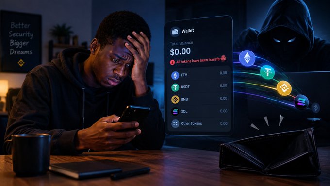 A distressed man looks at his phone as a hacker appears behind him, transferring cryptocurrency from his digital wallet which shows a $0.00 balance.