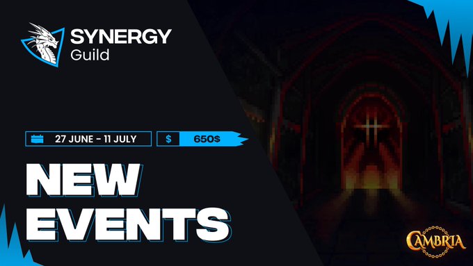 The image is a promotional banner for Synergy Guild's new event "Synergy x Cambria Dungeon Dive," running from 27 June to 11 July with a $650 prize pool, featuring a dark, atmospheric dungeon background with a glowing cross symbol and the Cambria logo in the corner. It visually complements the post by advertising the time-limited dungeon-crawling competition where players risk Keys for USDC rewards.