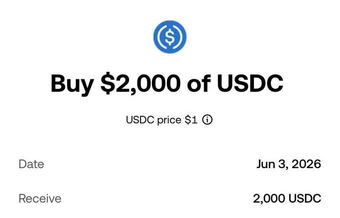 The image has a white square with some text written inside of it that reads "Buy $2,000 of USDC Price 1 @ 0.1". This could be an advertisement for Bitcoin or another form of cryptocurrency which is the main focus of this image. The background color of the image is gray and the white caption indicates that there are no visual distractions in the image. Overall, the primary message displayed within the image pertains to a currency exchange offering with no interest fees or any other unnecessary costs associated with it.