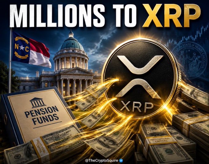 A promotional graphic titled 'MILLIONS TO XRP' showing a North Carolina state flag, capitol building, piles of cash labeled 'PENSION FUNDS' and 'INSTITUTIONAL CAPITAL', and a large XRP coin, credited to @TheCryptoSquire.