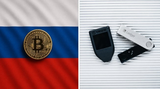 A gold Bitcoin coin rests on the Russian flag beside Trezor and Ledger hardware wallets, illustrating Russian investors' rush to secure offline crypto storage ahead of new September 1 regulations that cap annual retail crypto purchases at ₽300,000 (~$3,500) per intermediary.