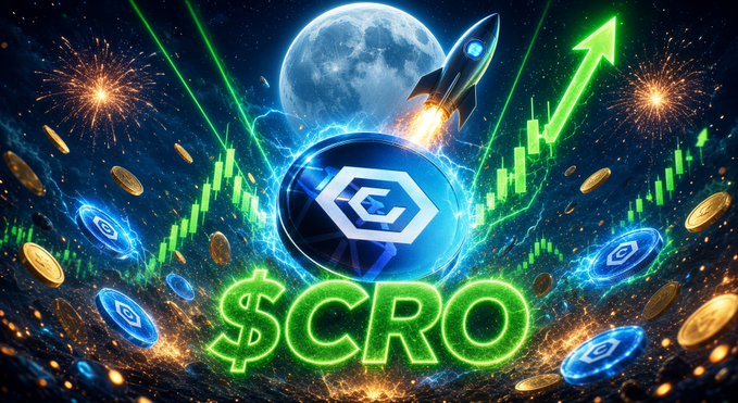 A promotional digital artwork featuring the $CRO cryptocurrency logo surrounded by coins, a rising green chart, a moon, a rocket ship, and fireworks.
