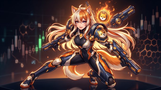 An anime-style illustration of a blonde cat-girl in futuristic armor wielding dual energy weapons, with a small Shiba Inu mascot floating beside her against a financial chart background.