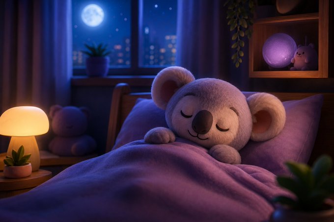 Cozy bedroom scene at night featuring a koala plush toy sleeping in a bed under purple blankets, with a glowing mushroom lamp, a window showing a full moon, and plants in the foreground.