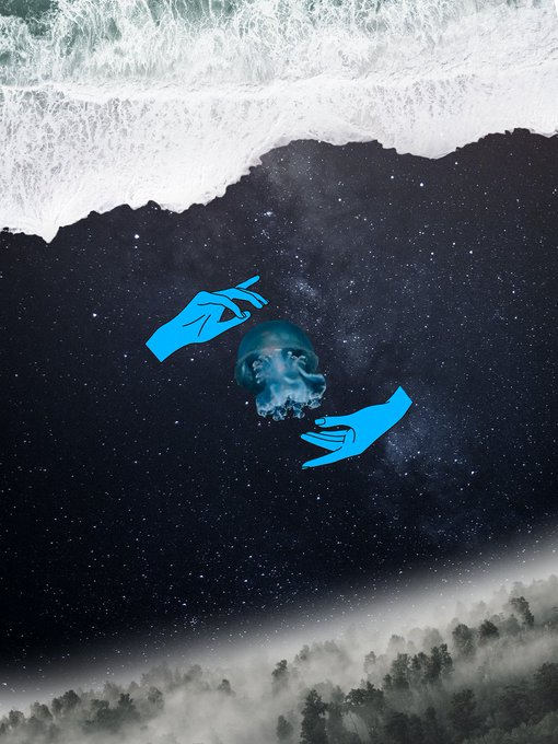 A surreal artwork showing a translucent blue skull held by two blue illustrated hands, floating in space above a misty forest, with ocean waves crashing in at the top of the image.