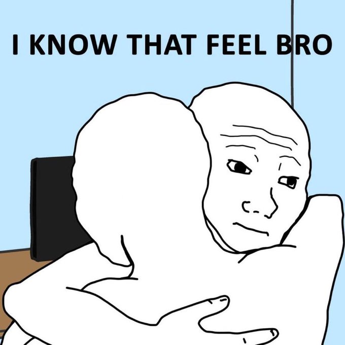 A meme image with two bald cartoon figures hugging, featuring the text 'I KNOW THAT FEEL BRO' in the upper portion.
