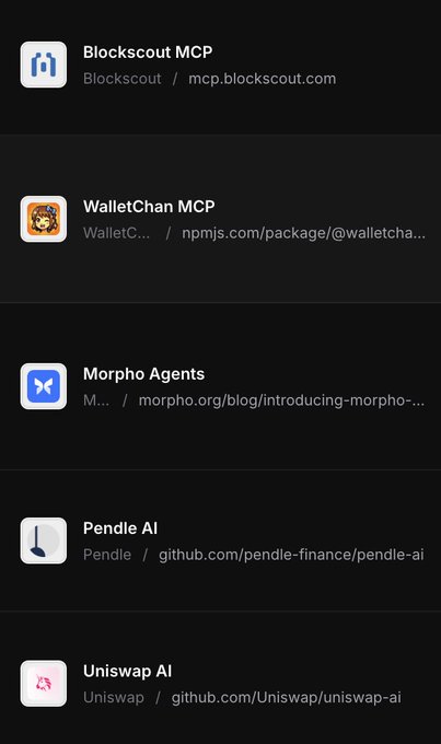 A list of MCP servers including Blockscout MCP, WalletChan MCP, Morpho Agents, Pendle AI, and Uniswap AI.