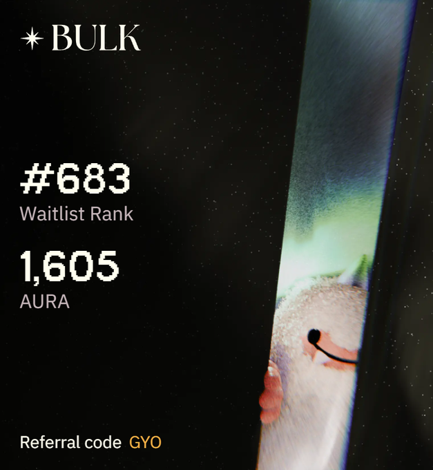 A dark promotional card for Bulk displays "BULK" at the top, "#683 Waitlist Rank" and "1,605 AURA" in the center, with "Referral code GYO" at the bottom, alongside a partial view of a white furry mascot peeking through a doorway on the right side. The image visually reinforces the post's milestone of reaching 1,605 AURA tokens on Bulk Trade while highlighting the user's waitlist ranking and referral code.