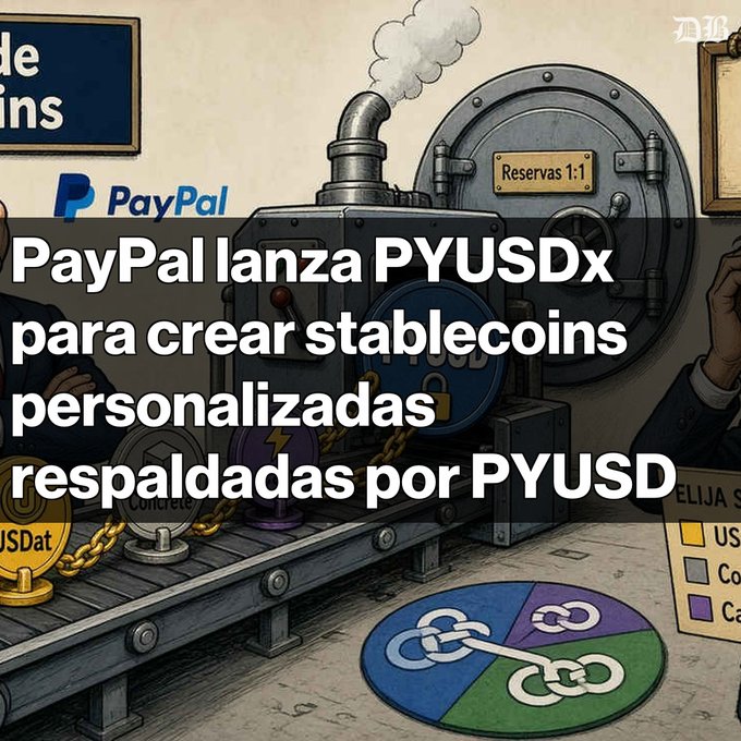 A Spanish-language graphic about PayPal launching 'PYUSDx' to create custom stablecoins backed by PYUSD, featuring an illustration of a printing machine and a PayPal logo.