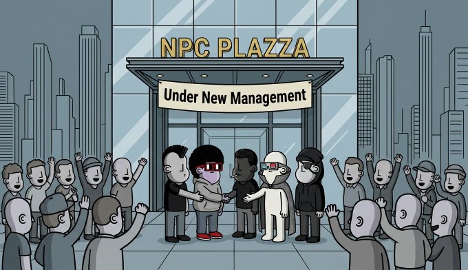 Cartoon illustration of the Bored Ape Yacht Club standing outside 'NPC PLAZZA' with an 'Under New Management' banner while a crowd of grayscale NPCs cheers.