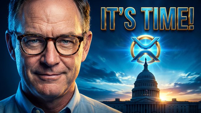 The image features a man wearing glasses, standing next to a building with the words "It's Time" written above him. The man appears to be smiling at the camera, and there are some clouds visible in the background. The text on the image reads "XRP Clarity Shock Revealed: The Institutional Green Light is HERE! (Includes Paid Promotion) Watch The Full Youtube Video Here: youtu.be/19-AHK-DGPQ".