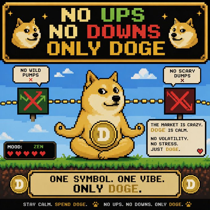 A pixel art poster featuring a meditating Doge with the text 'NO UPS NO DOWNS ONLY DOGE', 'NO WILD PUMPS', 'NO SCARY DUMPS', and 'ONE SYMBOL. ONE VIBE. ONLY DOGE.'