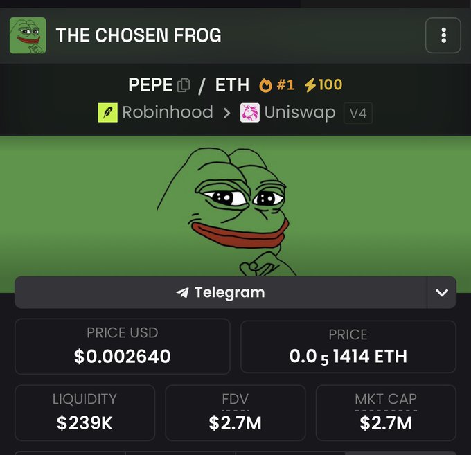 The image shows a cryptocurrency tracking page for "THE CHOSEN FROG" token, featuring the Pepe meme face, with trading data for the PEPE/ETH pair on Uniswap V4 (price $0.002640, market cap $2.7M, liquidity $239K). The post's optimistic "We'll hit ATH again" caption reflects the meme coin community's hope for the token to surpass its previous all-time high.