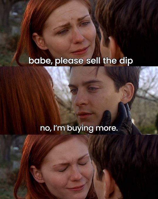 The image shows a woman with red hair wearing a black dress who appears to be crying while looking at another person. The text overlaying the image reads "babe, please sell the dip".