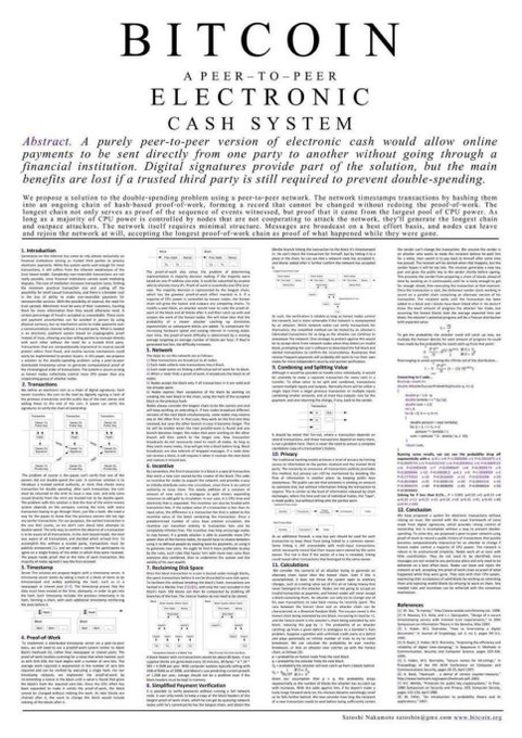 The original Bitcoin whitepaper titled 'Bitcoin: A Peer-to-Peer Electronic Cash System' by Satoshi Nakamoto, showing the abstract and beginning sections including the introduction, transactions, timestamp server, and proof-of-work sections.