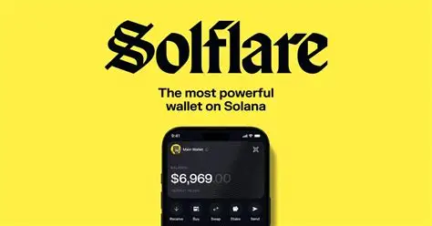 A promotional graphic with a yellow background reads "Solflare - The most powerful wallet on Solana," featuring an image of a smartphone showing the wallet interface with a $6,969.00 balance.