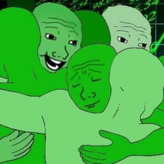 A group of happy Wojak characters embrace each other joyfully, reflecting the celebratory mood of Bitcoin holders amid a 2.8% gain even during the broader bear market conditions. The image captures the collective optimism and camaraderie of crypto enthusiasts finding small victories in a downturn.
