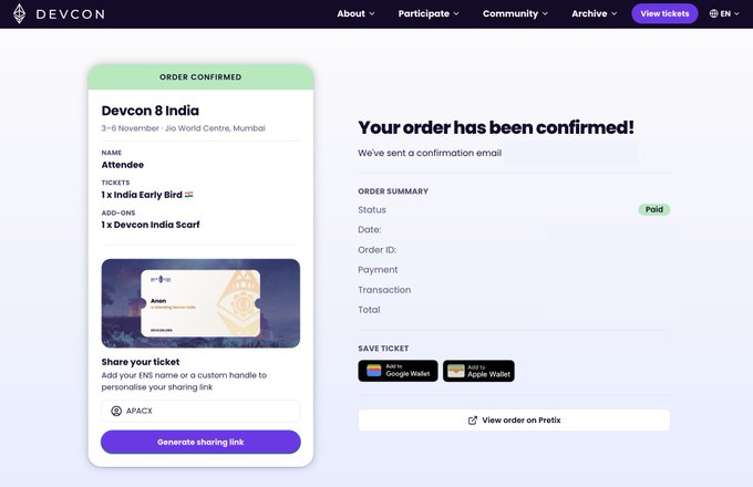 A Devcon 8 India order confirmation screen showing an 'ORDER CONFIRMED' status, attendee name 'Aman', 1 x India Early Bird ticket, and 1 x Devcon India Scarf add-on for 3-6 November at Jio World Centre, Mumbai.
