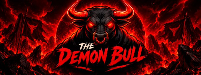 A fiery graphic featuring a demonic bull with glowing red eyes, titled 'THE DEMON BULL'.