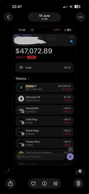 A cryptocurrency wallet screenshot from Phantom showing a portfolio value of $47,072.89, down 5.00%, with holdings in Solana ($47,060.92), Ethereum ($11.97), and other tokens including MysticDAO, Little Dog, Royal Doge, and Trump Wars.