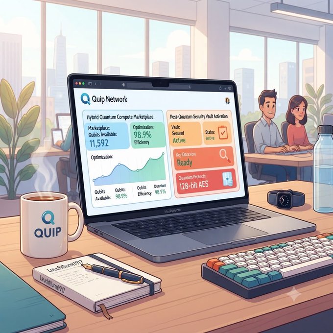 An illustrated workspace showing a laptop displaying 'Quip Network' with a 'Hybrid Quantum Compute Marketplace' and 'Post-Quantum Security Vault Activation' dashboard, alongside a QUIP coffee mug and mechanical keyboard.