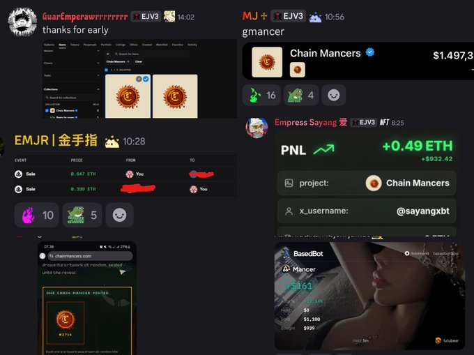 The image shows screenshots of Discord messages and NFT trading activity related to "Chain Mancers," with transactions including purchases of 0.499 ETH and 0.399 ETH (totaling $1,497.30) and a PNL of +0.49 ETH (+$932.42). These screenshots visually document the user's successful trades and profits on the Chain Mancer NFT project mentioned in the accompanying post about buying a Floor Chain Mancer for $1.5K (0.825 ETH).