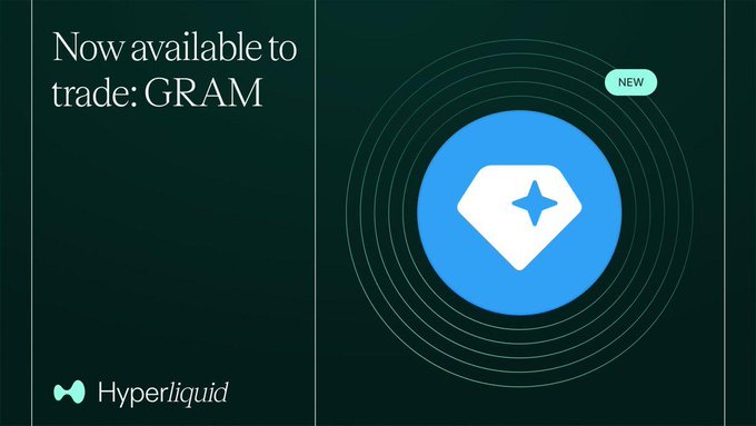 The image is a dark green promotional graphic from Hyperliquid announcing "Now available to trade: GRAM" with a stylized gem logo and a "NEW" badge, corresponding to the post about Hyperliquid listing the GRAM token from the TON blockchain.
