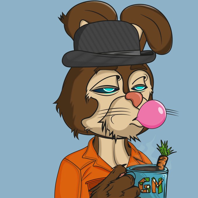 A digital illustration of an anthropomorphic rabbit character wearing a black bowler hat and orange jacket, blowing a pink bubblegum bubble while holding a steaming mug labeled 'GUY' with a small carrot in it.